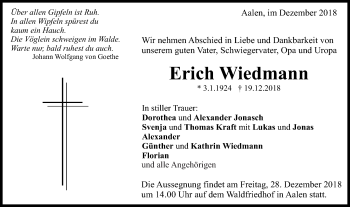 Traueranzeige von Erich Wiedmann von Schwäbische Post
