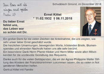Traueranzeige von Ernst Kittel von Gmünder Tagespost
