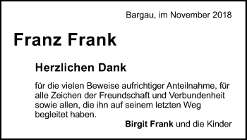 Traueranzeige von Franz Frank von Gmünder Tagespost