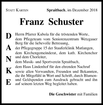 Traueranzeige von Franz Schuster von Gmünder Tagespost
