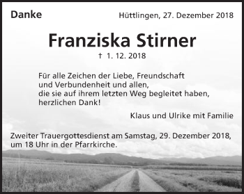 Traueranzeige von Franziska Stirner von Schwäbische Post