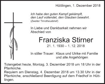 Traueranzeige von Franziska Stirner von Schwäbische Post