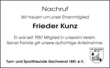Traueranzeige von Frieder Kunz von Gmünder Tagespost