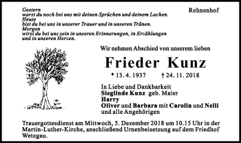 Traueranzeige von Frieder Kunz von Gmünder Tagespost