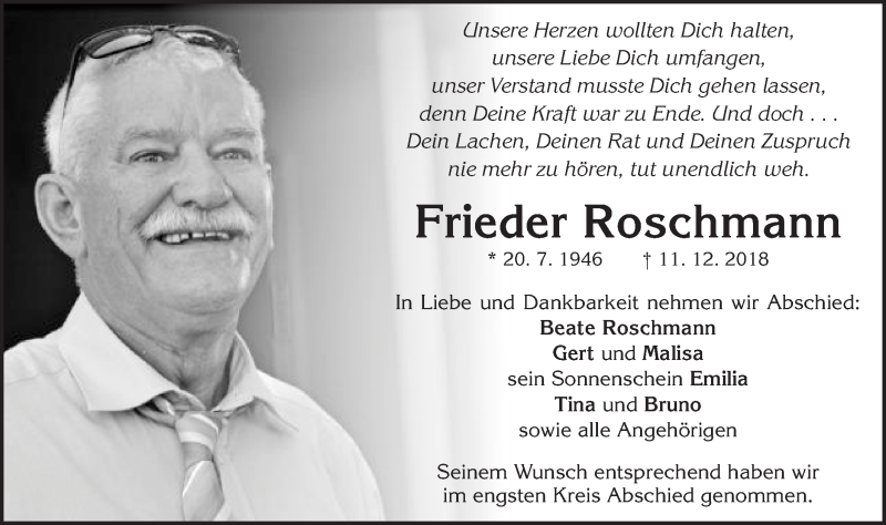  Traueranzeige für Frieder Roschmann vom 22.12.2018 aus Schwäbische Post