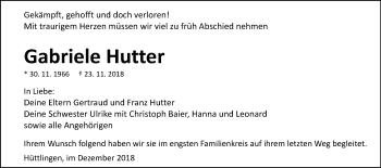 Traueranzeige von Gabriele Hutter von Schwäbische Post