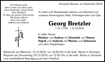 Traueranzeige von Georg Bretzler von Gmünder Tagespost