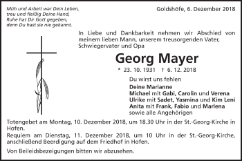 Traueranzeige von Georg Mayer von Schwäbische Post