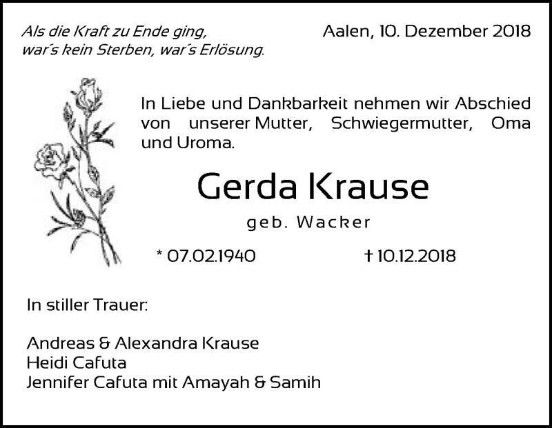  Traueranzeige für Gerda Krause vom 12.12.2018 aus Schwäbische Post