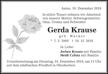 Traueranzeige von Gerda Krause von Schwäbische Post
