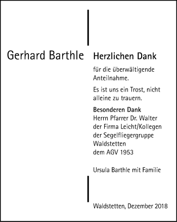 Traueranzeige von Gerhard Barthle von Gmünder Tagespost