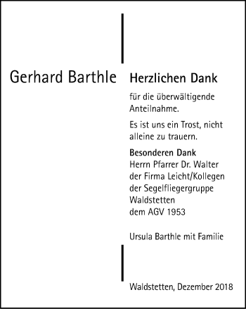 Traueranzeige von Gerhard Barthle