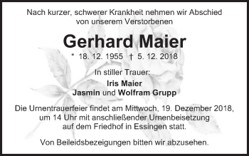 Traueranzeige von Gerhard Maier von Schwäbische Post