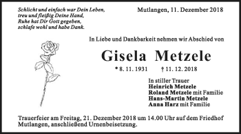 Traueranzeige von Gisela Metzele von Gmünder Tagespost
