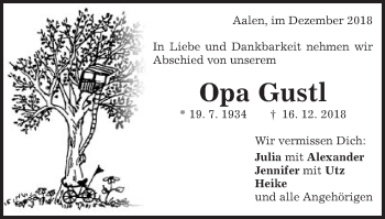 Traueranzeige von Gustl  von Schwäbische Post
