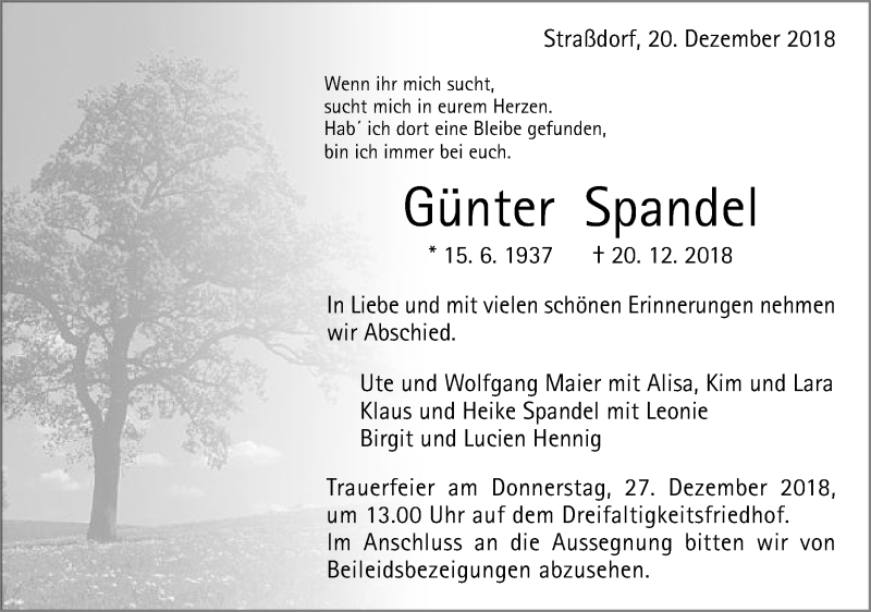  Traueranzeige für Günter Spandel vom 22.12.2018 aus Gmünder Tagespost