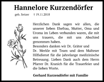Traueranzeige von Hannelore Kurzendörfer von Schwäbische Post