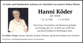 Traueranzeige von Hanni Köder von Schwäbische Post