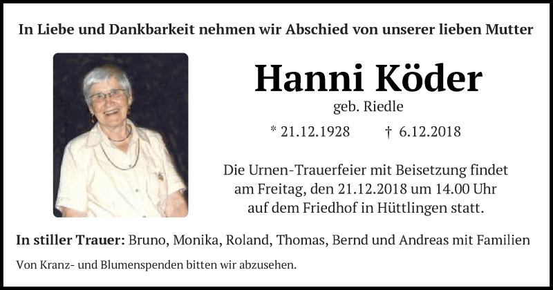  Traueranzeige für Hanni Köder vom 15.12.2018 aus Schwäbische Post