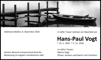 Traueranzeige von Hans-Paul Vogt von Schwäbische Post