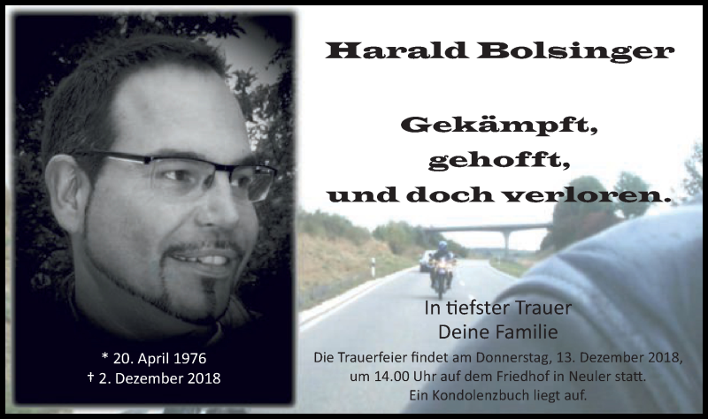  Traueranzeige für Harald Bolsinger vom 08.12.2018 aus Schwäbische Post