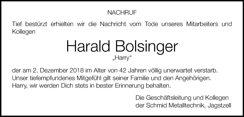  Traueranzeige für Harald Bolsinger vom 08.12.2018 aus Schwäbische Post