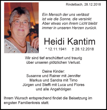 Traueranzeige von Heidi Kantim von Schwäbische Post