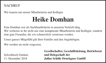 Traueranzeige von Heike Domhan von Gmünder Tagespost