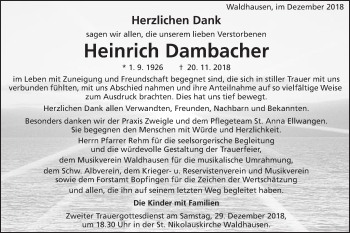 Traueranzeige von Heinrich Dambacher von Schwäbische Post