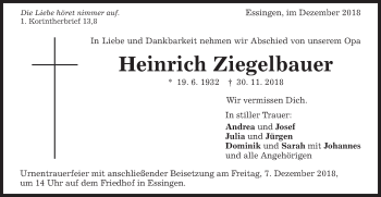 Traueranzeige von Heinrich Ziegelbauer von Schwäbische Post