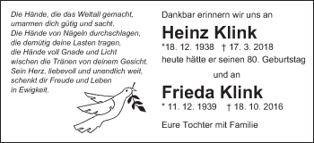 Traueranzeige von Heinz und Frieda Klink von Gmünder Tagespost