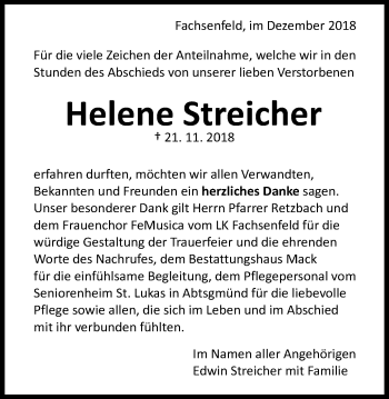 Traueranzeige von Helene Streicher von Schwäbische Post