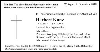 Traueranzeige von Herbert Kunz