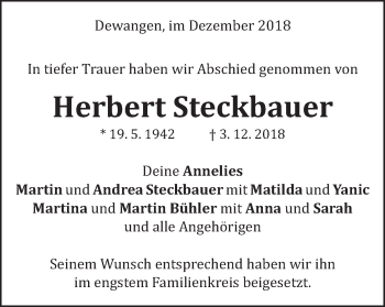 Traueranzeige von Herbert Steckbauer von Schwäbische Post