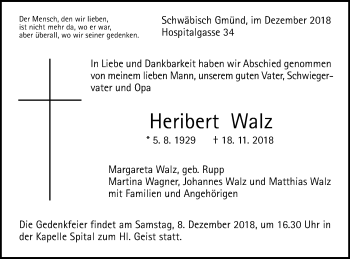 Traueranzeige von Heribert Walz von Gmünder Tagespost