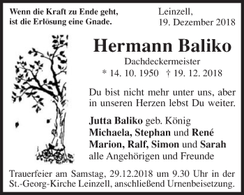 Traueranzeige von Hermann Baliko von Gmünder Tagespost