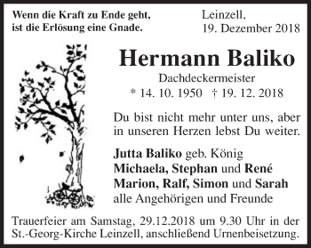 Traueranzeige von Hermann Baliko