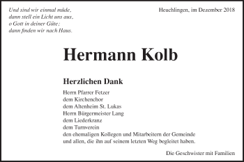 Traueranzeige von Hermann Kolb von Gmünder Tagespost