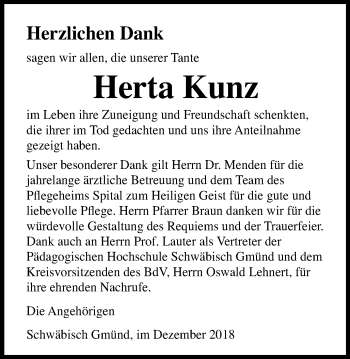 Traueranzeige von Herta Kunz von Gmünder Tagespost