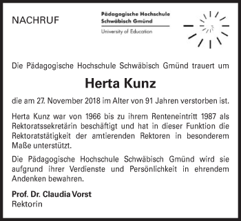 Traueranzeige von Herta Kunz von Gmünder Tagespost