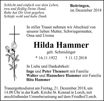 Traueranzeige von Hilda Hammer von Gmünder Tagespost