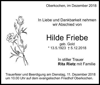 Traueranzeige von Hilde Friebe von Schwäbische Post
