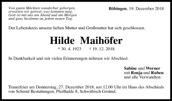 Traueranzeige von Hilde Maihöfer von Gmünder Tagespost