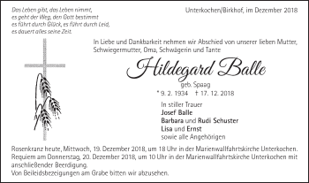 Traueranzeige von Hildegard Balle von Schwäbische Post