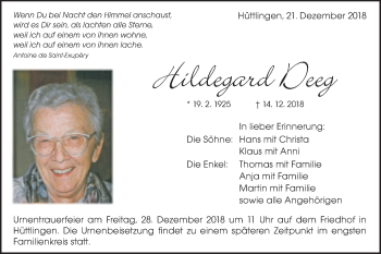 Traueranzeige von Hildegard Deeg von Schwäbische Post