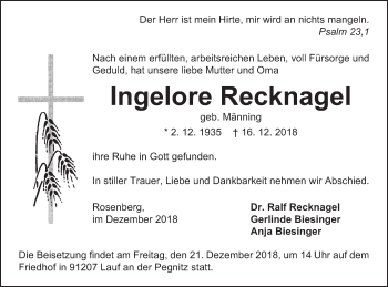 Traueranzeige von Ingelore Recknagel von Schwäbische Post