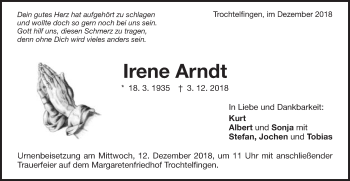 Traueranzeige von Irene Arndt von Schwäbische Post