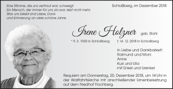 Traueranzeige von Irene Holzner von Schwäbische Post