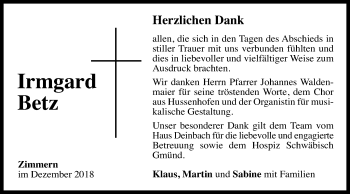 Traueranzeige von Irmgard Betz von Gmünder Tagespost