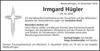 Traueranzeige von Irmgard Hügler von Schwäbische Post